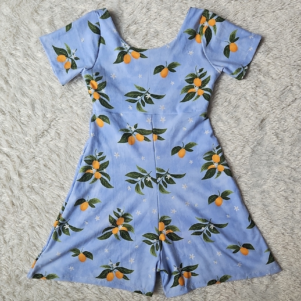 Handmade Blue Floral Romper with Orange Accents